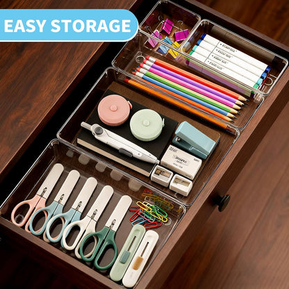 SKY-TOUCH 18PACK Clear Plastic Drawer Organizer,Drawer Organizer Trays,Desk Drawer Organizer Trays,4 Size Large Storage Organizer Divider Set for Fridge Organizer, Bathroom, Vanity Storage Bins,Office