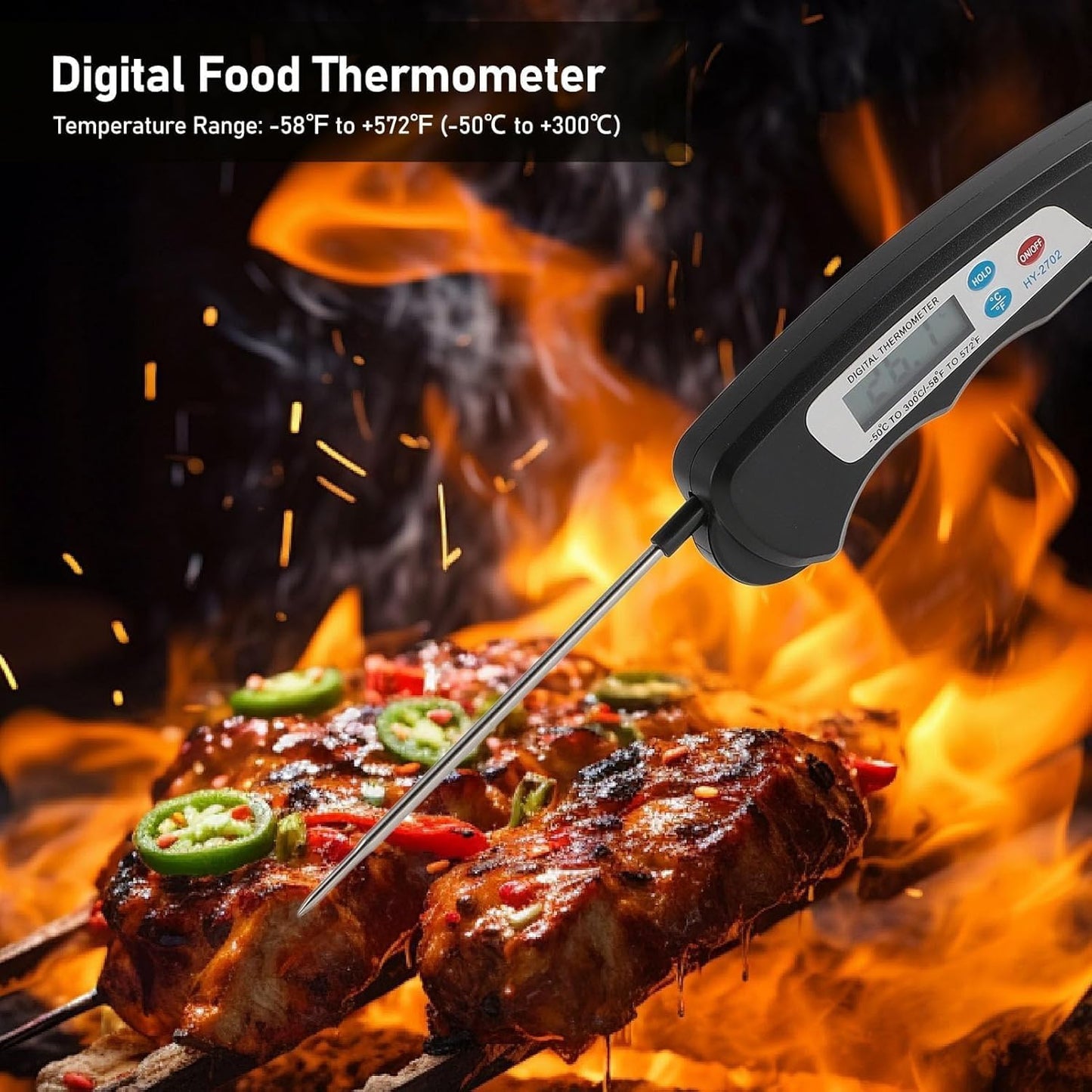 SKY-TOUCH Digital Meat Thermometer, Instant Read Waterproof Food Thermometer, Foldable Long Probe Food Cooking Thermometer with °F/°C for Kitchen, Cooking, Grill, Candy