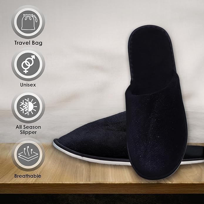 SKY-TOUCH 6 Pairs of Non Slip Disposable Spa Slippers, Eco-Friendly Indoor Slippers for Bathroom, Bedroom, Hotel, Flight,Spa,Unisex Fits 42-46, Black - Individually Package