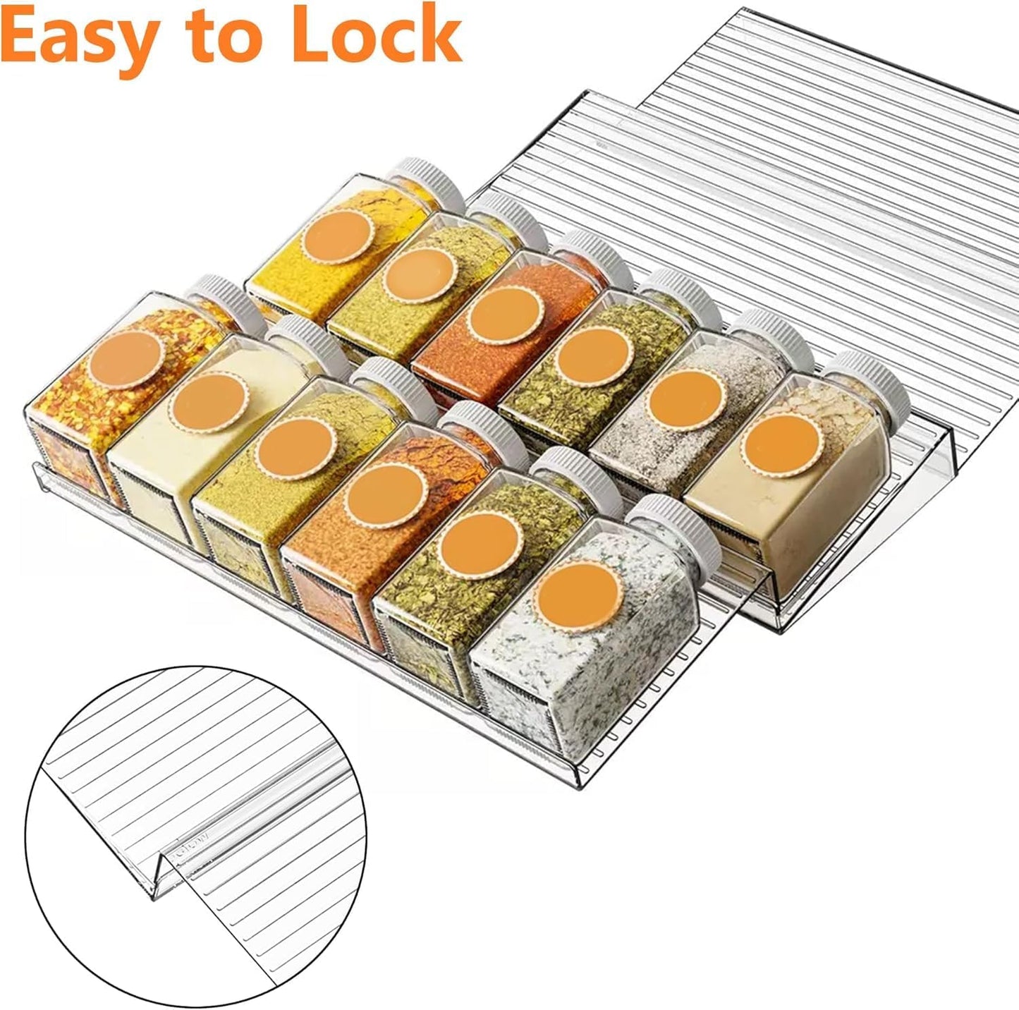 SKY-TOUCH Spice Drawer Rack, 4 Tier- 2 Set (8 Pcs) Expandable From 11" to 22" Clear Acrylic Seasoning Jars Drawers Organizer, Kitchen Drawers, Cabinets Countertops Expandable Storage for Spice Jars