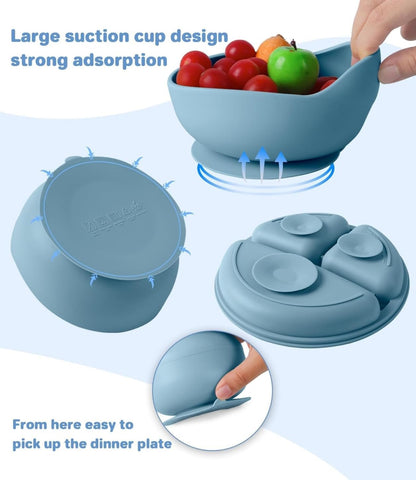 SKY-TOUCH 8 Pcs Silicone Baby Feeding Set, Baby Led Weaning Supplies with Suction Bowl Divided Plate, Self Feeding Spoons Forks Sippy Cup Adjustable Bib, for 6+ Months (Blue)