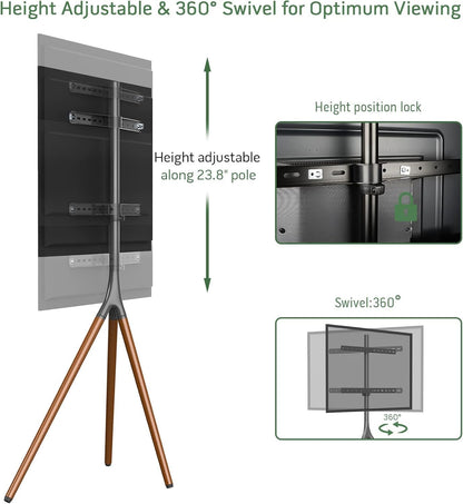 SKY-TOUCH 45"-65" TV Stand Easel with Tripod Base, Height Adjustable Swivel TV Floor Stand, Dark Walnut Legs,for LED LCD Screens, Max VESA 600x400mm, 77lbs Capacity,(Install Manual Included)