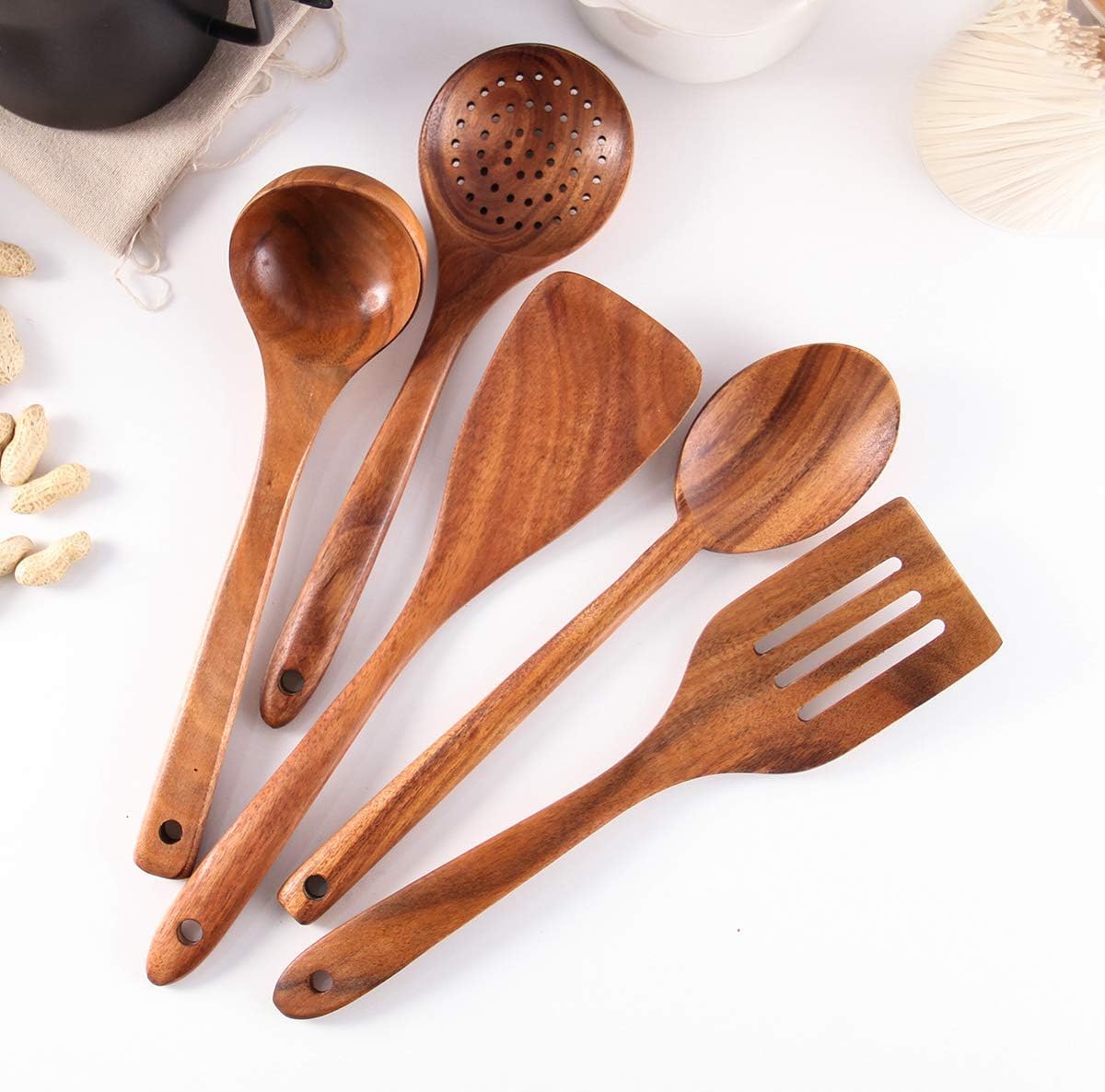 SKY-TOUCH Wooden Kitchen Utensils Set, 6 Pcs Wooden Utensils for Cooking Utensils Set with Utensil Holder, Spoons, Ladles, Strainer Spoon, Salad Fork, Suitable For Various Cooking Needs