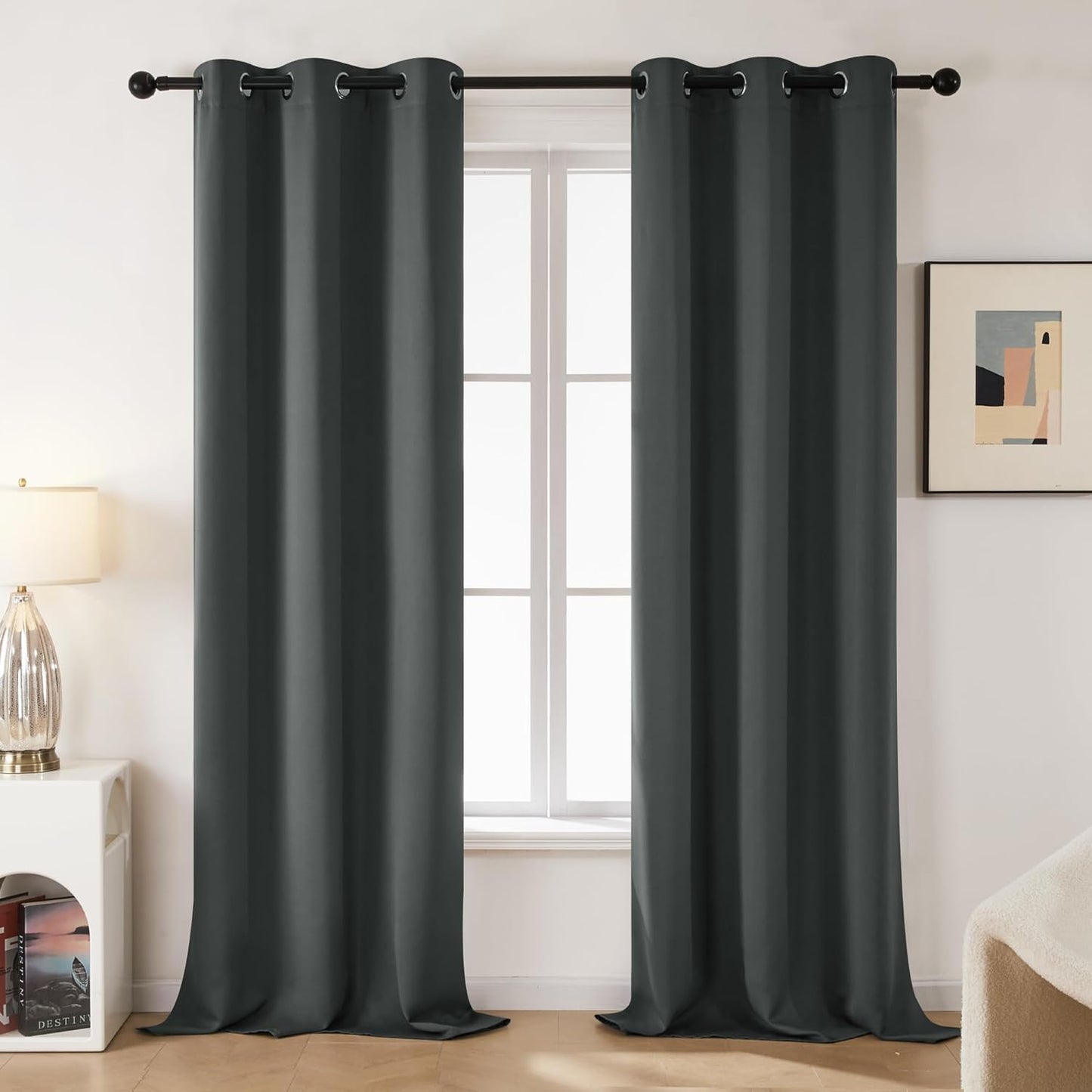 SKY-TOUCH 1 pair Thermal Insulated Blackout Curtain,Blackout Curtain with Eyelet Top,Heat Retention Energy Saving, Fashion Decoration, Blocks UV Rays Cloth for Living Room,Bedroom,130*213cm,Dark Gray