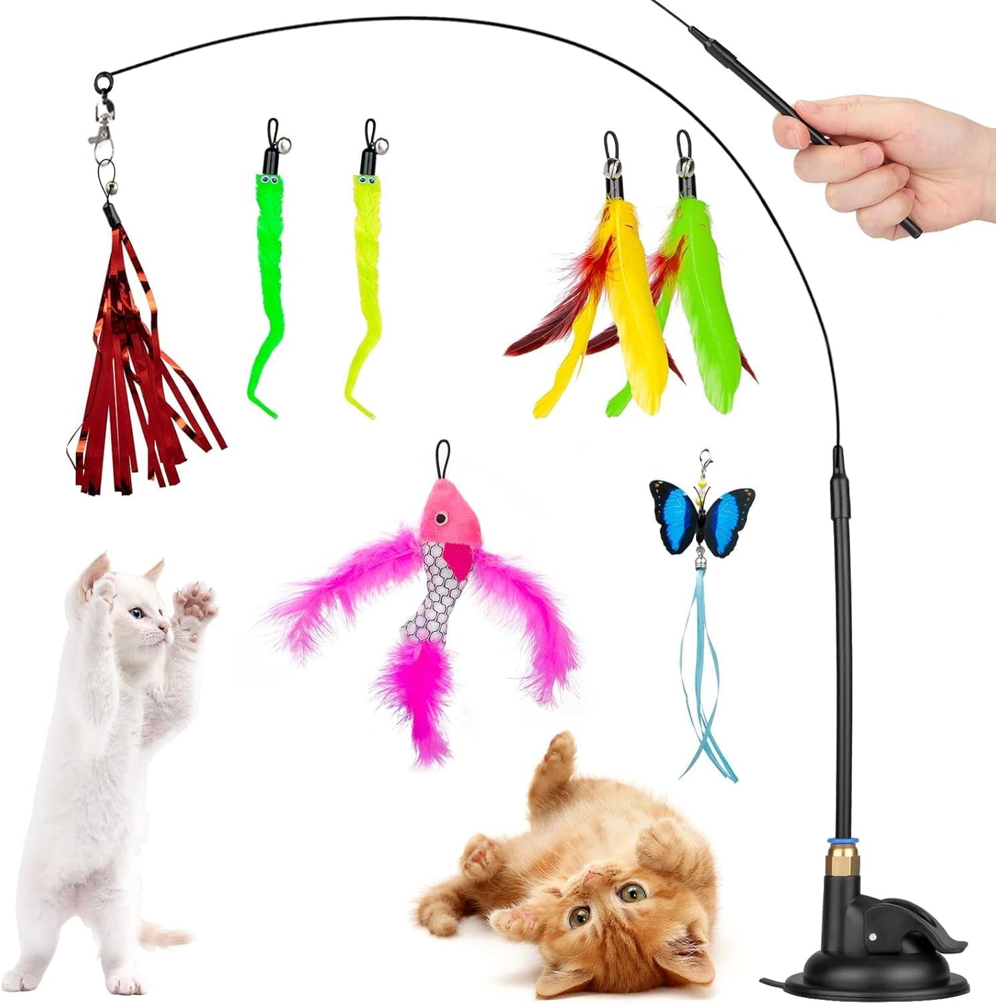 SKY-TOUCH Cat Feather Toys, Cat Toys Wand, Interactive Cat Toy with Super Suction Cup, 1 PCS Cat Wand Toy and 8 PCS Feather Replacements with Bell,for Indoor Play Chase,Replacement head random