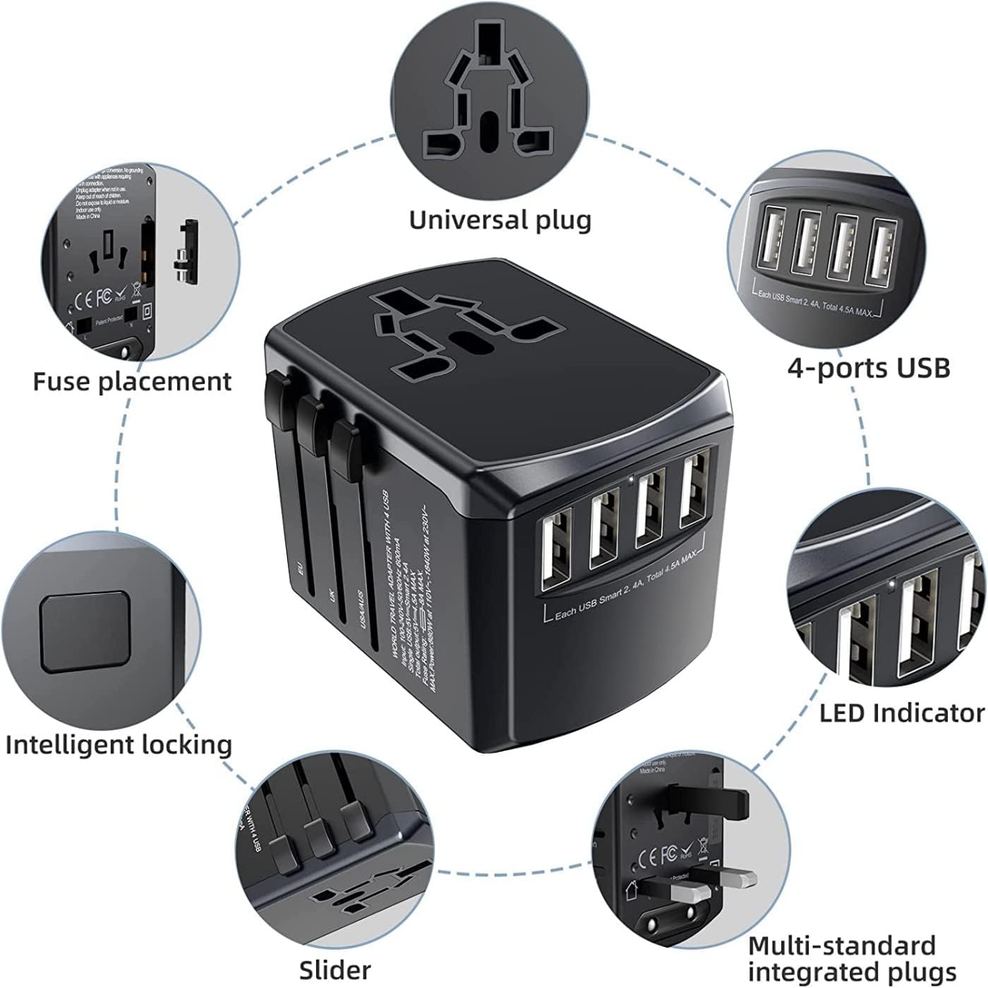 50pcs Universal Travel Adapter, International All in One Power Adapter with High Speed 3 USB & Type C Travel Charger, Travel Adapter for US EU UK AU