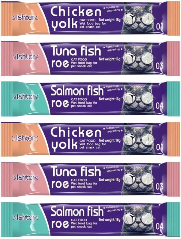 SKY-TOUCH 6Pcs Wet Cat Treat : Squeeze Up Interactive Lickable Wet Cat Treats with 3 Flavors (Tuna&Fish Roe, Chicken&Yolk, Salmon&Fish Roe, 16g Each) for All Cats (6Pack 96g)