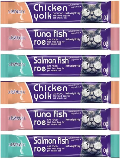 SKY-TOUCH 6Pcs Wet Cat Treat : Squeeze Up Interactive Lickable Wet Cat Treats with 3 Flavors (Tuna&Fish Roe, Chicken&Yolk, Salmon&Fish Roe, 16g Each) for All Cats (6Pack 96g)