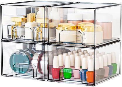 SKY-TOUCH 4 PACK Clear Stackable Storage Drawers, 4.4'' Tall Acrylic Stackable Drawer, Bathroom Makeup Organizer,Plastic Storage Bins For Vanity, Undersink, Kitchen Cabinets, Pantry, 7.4x4.4x6.1inch