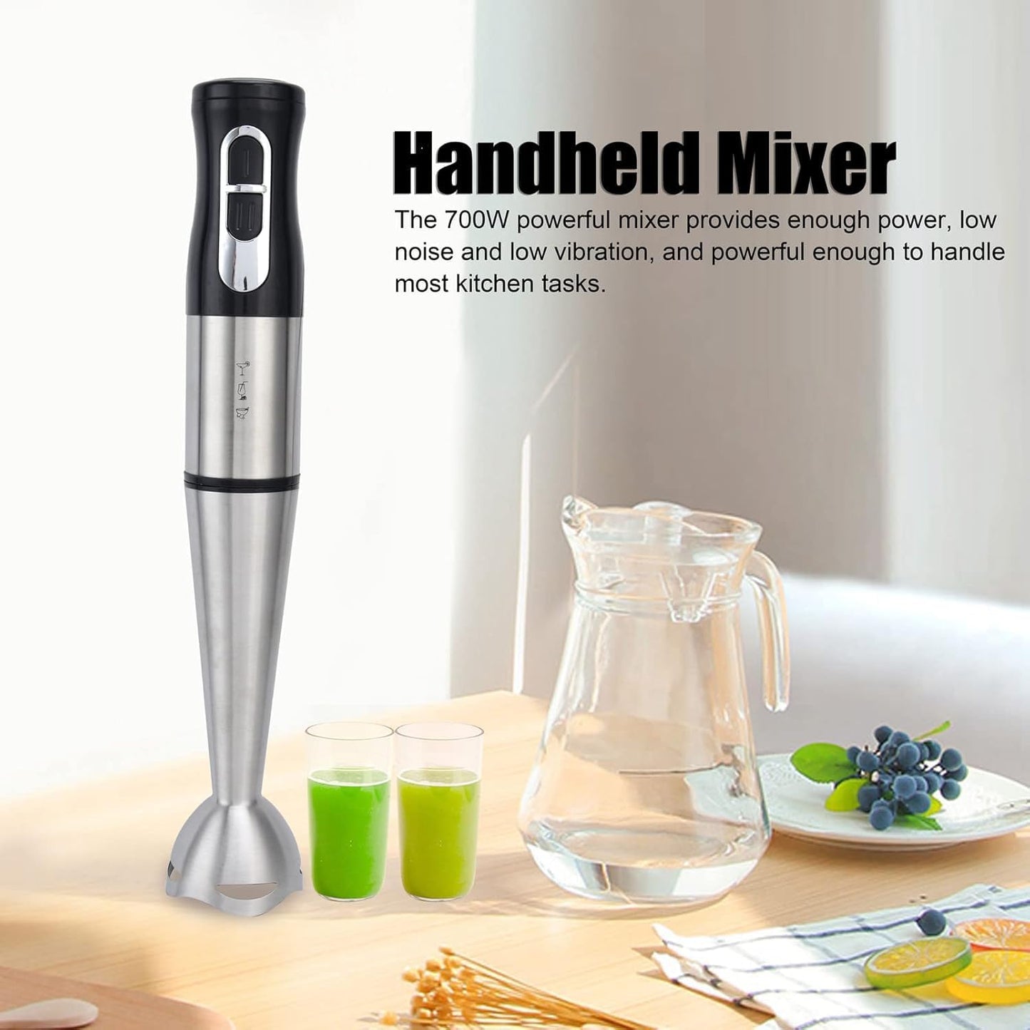 SKY-TOUCH 700W Handheld Immersion Blender, 2-Speed Electric Stick Blender with Double Stainless Steel Blades, Chopper, Whisk, Beaker for Juices, Baby Food, Soups, and Sauces - Black, 36.5*6.5*6.5cm