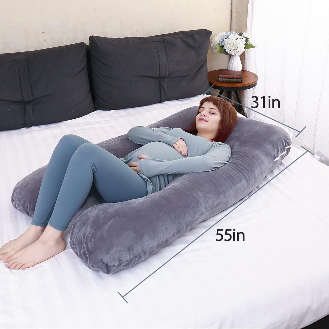 SKY-TOUCH Pregnancy pillow with Zipper&velvet cover, 130 * 70cm U-shaped full body pillow for pregnant women, suitable for pregnant women's head, back, shoulders, hips, legs, abdomen,Dark Gray