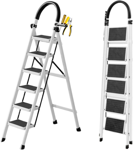 SKY-TOUCH Foldable Ladder 6 Steps, Home Ladder Folding Step Stool with Wide Anti-Slip Pedal, Adults Folding Sturdy Steel Ladder for Home,Kitchen, Garden, Office