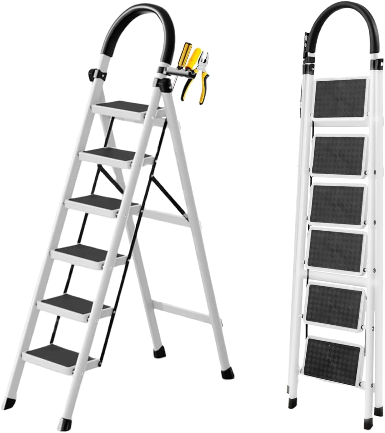 SKY-TOUCH Foldable Ladder, Home Ladder Folding Step Stool with Wide Anti-Slip Pedal, Adults Folding Sturdy Steel Ladder for Home,Kitchen, Garden, Office