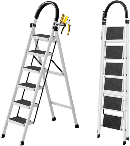 SKY-TOUCH Foldable Ladder, Home Ladder Folding Step Stool with Wide Anti-Slip Pedal, Adults Folding Sturdy Steel Ladder for Home,Kitchen, Garden, Office