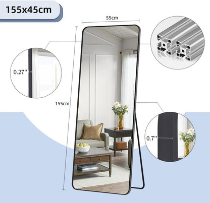 SKY-TOUCH Full Length Mirror 155x45cm, Floor Mirrors with Aluminum Alloy Frame Free-Standing Leaning Large Bedroom Dressing Mirror, Full Body Mirror with Stand for Living Room,Bedroom, White