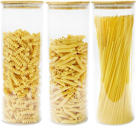 SKY-TOUCH 3PCS Glass Food Storage Jars, Kitchen Storage Glass Canister Set with Airtight Bamboo Lids, Suitable for Flour, Grains, Sugar, Tea, Coffee Beans, and Snacks, 2100ML