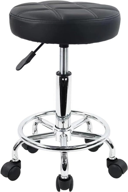 SKY-TOUCH Round Rolling Stool: Vanity Chair with PU Leather Height Adjustable 360° Swivel Stool with Wheels for Office Home Drafting Work Studio Shop SPA Salon