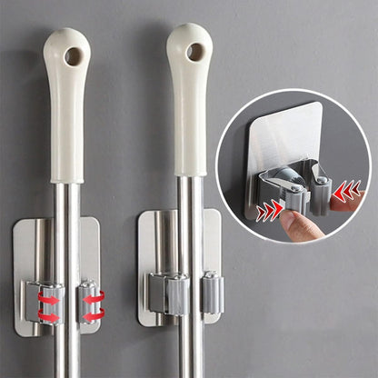 SKY-TOUCH 8 Pack Mop And Broom Holder,Wall Mount - Self Adhesive No Drilling,Anti-Slip Broom and Mop Wall Hanger Organizer,for Home, Kitchen, Garden, Garage Storage - Stainless Steel,Waterproof