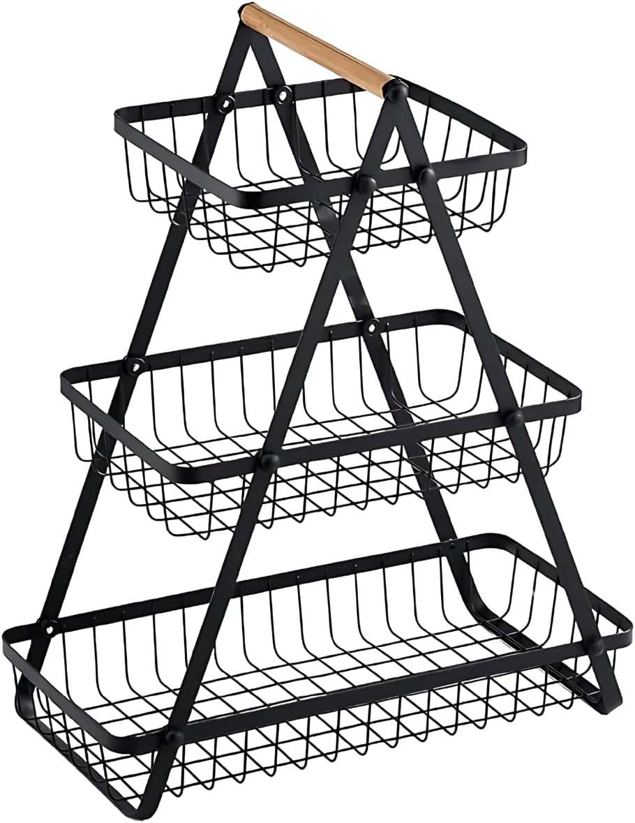 SKY-TOUCH 2-Tier Fruit Basket with Wooden Handle, Detachable Metal Fruit Bowl Holder Vegetable Storage Rack, Countertop Holder for Kitchen, Home, Office - Organize Fruits, Veggies, Snacks, Bread