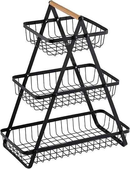 SKY-TOUCH 2-Tier Fruit Basket with Wooden Handle, Detachable Metal Fruit Bowl Holder Vegetable Storage Rack, Countertop Holder for Kitchen, Home, Office - Organize Fruits, Veggies, Snacks, Bread