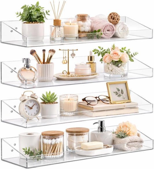 SKY-TOUCH 4 PACK Clear Acrylic Floating Shelves with Mounting Hardware, Wall Storage Organizer for Kids' Books, Action Figures, Collectibles, Makeup, Perfume, Invisible Bookshelf, 15.2x4.2x2 in
