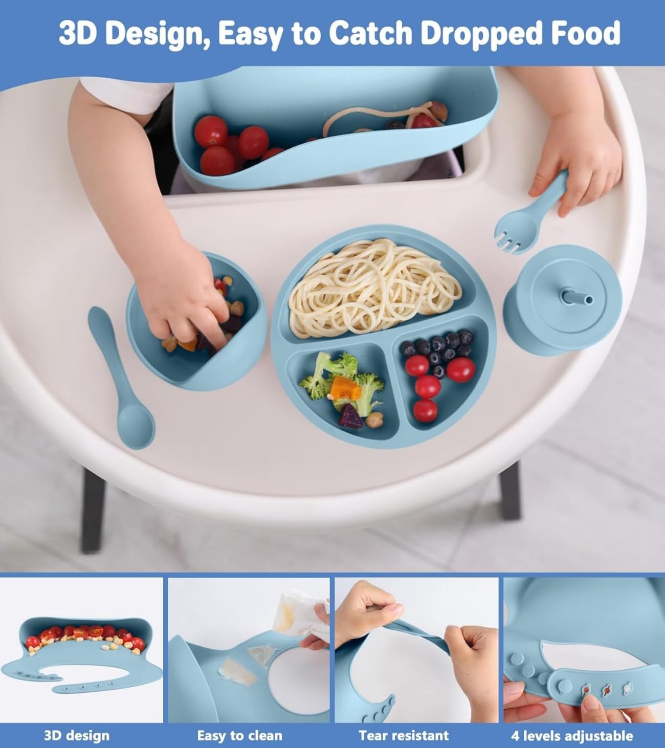 SKY-TOUCH 8 Pcs Silicone Baby Feeding Set, Baby Led Weaning Supplies with Suction Bowl Divided Plate, Self Feeding Spoons Forks Sippy Cup Adjustable Bib, for 6+ Months (Blue)