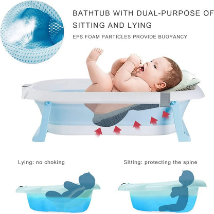 SKY-TOUCH Baby Foldable Bath Tub with Bathmat Cushion & Thermometer, Portable Baby Bathtub with Drain Hole, Shower Basin with Non-Slip Support Leg for 0-6 Years Boy Girl