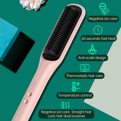 SKY-TOUCH Hair Straightener Brush : Rapid Heating Electric Hot Comb with 4 Temps Anti-Scald Curling Iron with Rotatable Power Cord for Women Home Salon Pink