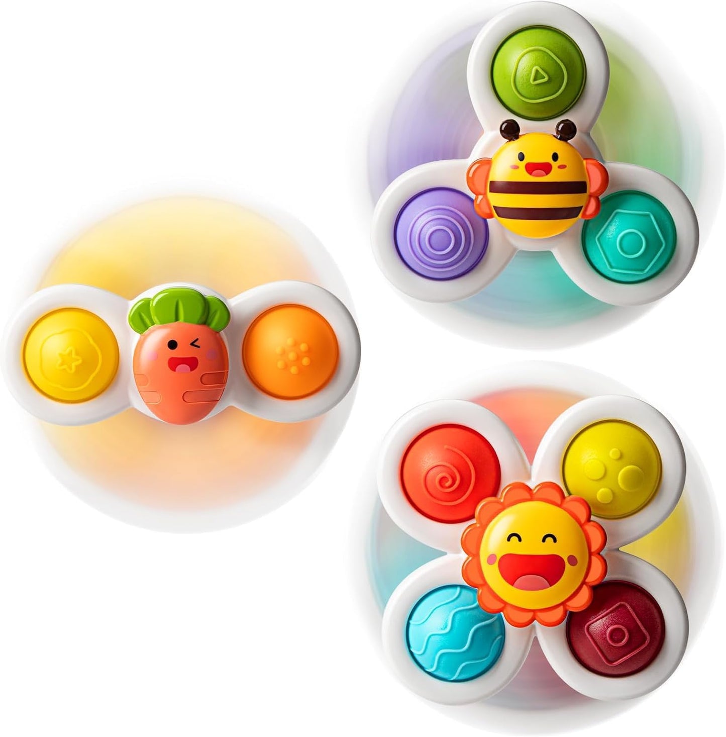 SKY-TOUCH 3PCS Suction Cup Spinner Toys for Toddlers 0-3 Years, Pressable Baby Sensory Fidget Toys, Stress Relief with Strong Suction for High Chair, Car Window, Travel, Fine Motor Skills