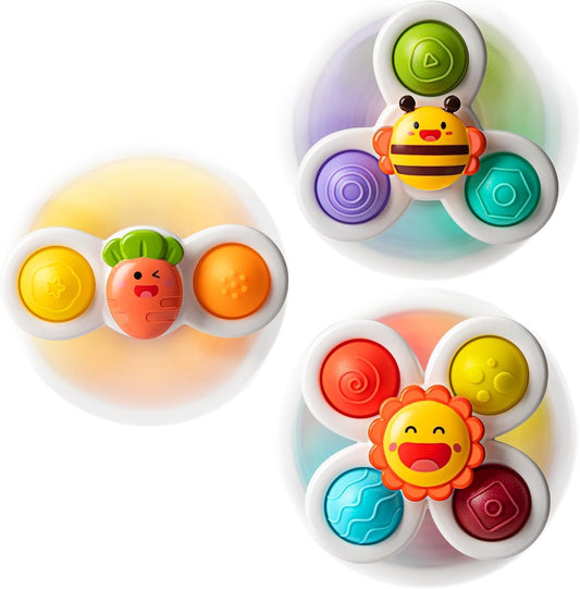SKY-TOUCH 3PCS Suction Cup Spinner Toys for Toddlers 0-3 Years, Pressable Baby Sensory Fidget Toys, Stress Relief with Strong Suction for High Chair, Car Window, Travel, Fine Motor Skills