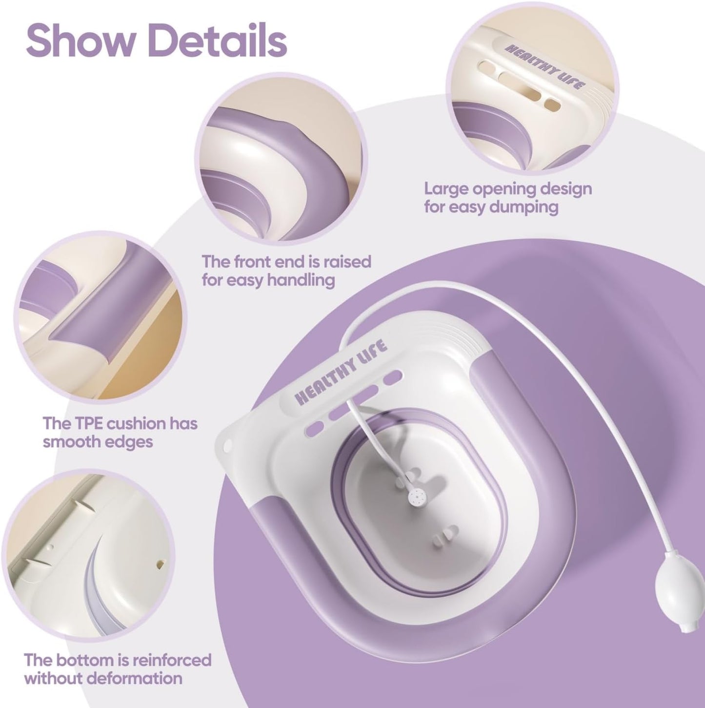 SKY-TOUCH Foldable Sitz Bath For Toilet Seat, Sitz Bath for Hemorrhoids, Postpartum Care, Sits Bath Kit for Women, Portable Steam Seat Bidet with Flusher Hose, Drain Holes, Wider Seating Area