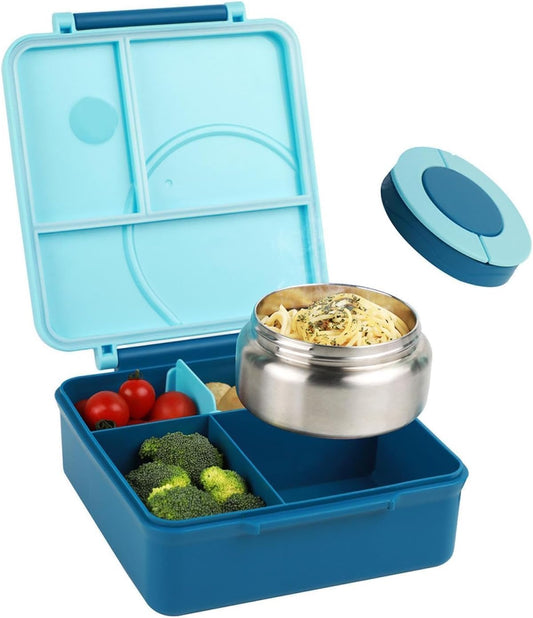 SKY-TOUCH Kids Bento Box with 8oz Thermos – Insulated Leak-Proof Lunch Box Set with 4-Compartment BPA-Free Containers, Microwave-Safe, 2L Capacity,– Blue, 19.5x22cm