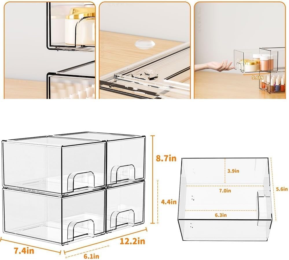 SKY-TOUCH 4 PACK Clear Stackable Storage Drawers, 4.4'' Tall Acrylic Stackable Drawer, Bathroom Makeup Organizer,Plastic Storage Bins For Vanity, Undersink, Kitchen Cabinets, Pantry, 7.4x4.4x6.1inch