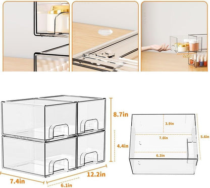 SKY-TOUCH 4 PACK Clear Stackable Storage Drawers, 4.4'' Tall Acrylic Stackable Drawer, Bathroom Makeup Organizer,Plastic Storage Bins For Vanity, Undersink, Kitchen Cabinets, Pantry, 7.4x4.4x6.1inch