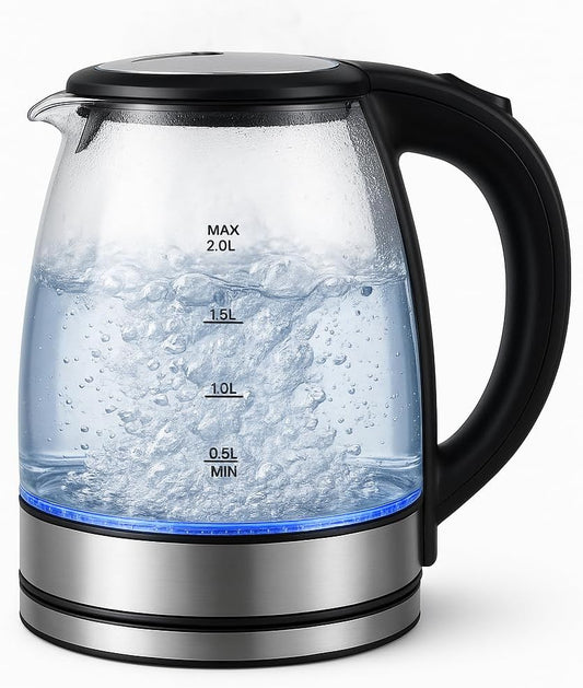 SKY-TOUCH Electric Kettle, 2L 1500W Glass Hot Water Boiler & Tea Pot, BPA-Free Borosilicate Glass, LED Indicator, Auto Shut Off & Boil-Dry Protection, Stainless Steel Bottom