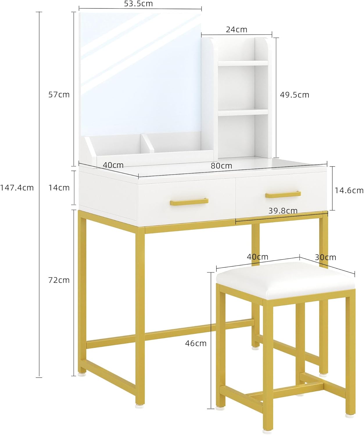 SKY-TOUCH Vanity Desk Chair Set with Mirror : Makeup Table with Stool Dressing Table with Storage Drawer Shelves Vanity Table with Lots Storage for Bedroom (White)