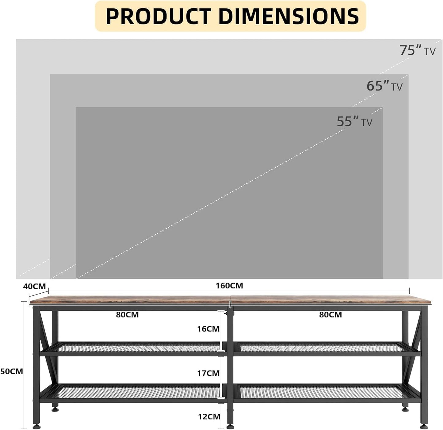 SKY-TOUCH TV Stand : Modern TV Table Wide TV Entertainment Center with Storage Shelves Sturdy Wooden TV Console Table with Metal Frame for Living Room (160 * 40 * 50CM Grey Oak)