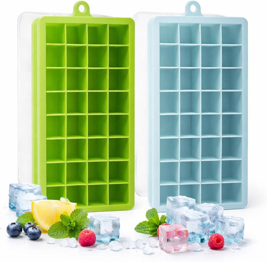 SKY-TOUCH 2-Pack Food Grade Silicone Ice Cube Cubes with Lids for Freezer, Easy-to-Remove 24 Cube Cubes for Party, Drinks and Frozen Liquids (Blue and Green) - 19.5Lx12.5Wx2.5H cm