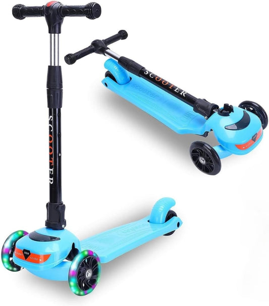 SKY-TOUCH Kids Scooter, 3 Wheel Foldable Kick Scooter with Flashing LED Lights for Boys Girls Ages 2-12, Adjustable Height, Lean to Steer, Non-Slip Deck, Lightweight Push Scooter for Children