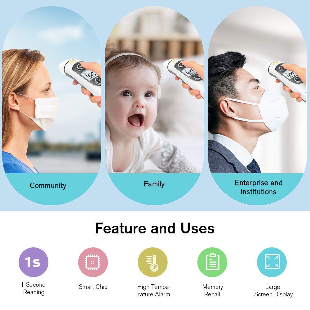 SKY-TOUCH Forehead and Ear Thermometer for Adults, Kids and Baby,Touchless Digital Infrared Thermometer,with LCD Screen, Memory Recall, Fever Alarm,Auto Shutdown,White,39 * 27.3 * 160mm