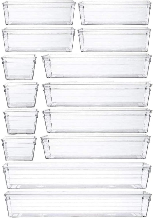 SKY-TOUCH 14pcs Clear Plastic Drawer Organizers Tray for Makeup Storage,4-Size Storage Organizer Divider Trays for Kitchen, Bathroom, Makeup Utensils and Office