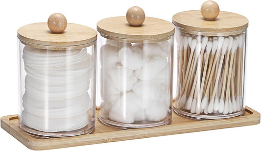 SKY-TOUCH 3-Pack Bathroom Jars Qtip Holder with Bamboo Lids, Acrylic Clear Apothecary Canisters for Cotton Balls, Q-tips, Floss, and Swabs – Includes Tray for Organized Bathroom Accessories