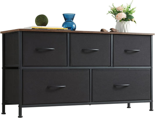 SKY-TOUCH Storage Cabinet : Bedroom Dresser with 5 Drawers Wide Storage Chest with Removable Fabric Bins Storage Organizer Unit for Living Room Entryway Hallway Nursery Kids Room (100*30*52CM Black/Brown/white)