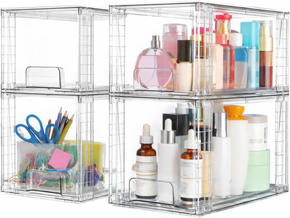 SKY-TOUCH 4 PACK Large Plastic Stackable Storage Drawers, Clear Acrylic Storage Drawers Container Boxes for Vanity, Undersink, Kitchen Cabinets, Pantry Organization and Storage, 30.5x19x18cm