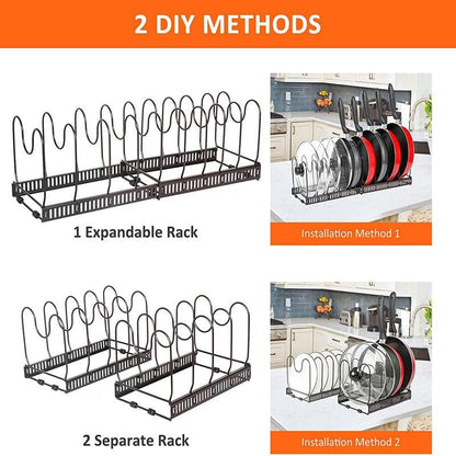 SKY-TOUCH Pot and Pan Organizers Rack : Expandable Pot Lid Organizer Holder with 10 Adjustable Compartment Cookware Plate Rack for Kitchen Cabinet Black