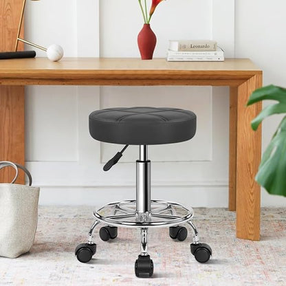 SKY-TOUCH Round Rolling Stool: Vanity Chair with PU Leather Height Adjustable 360° Swivel Stool with Wheels for Office Home Drafting Work Studio Shop SPA Salon