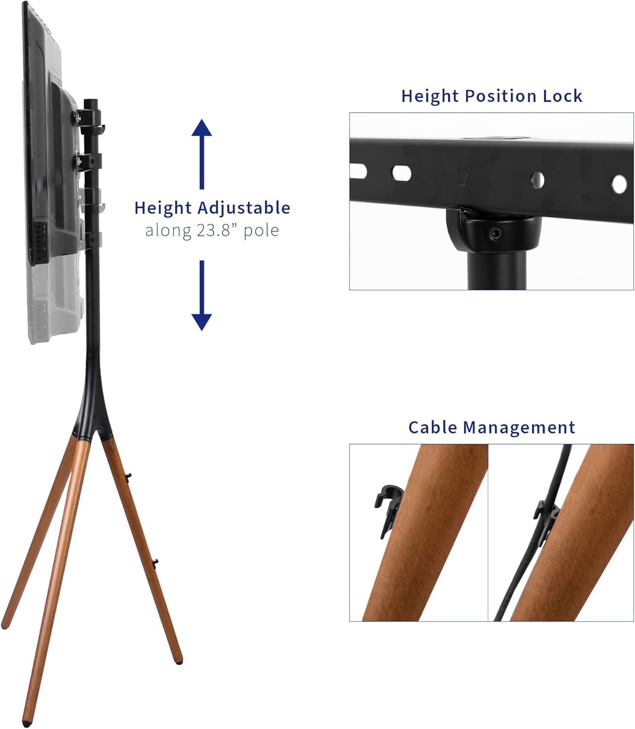 SKY-TOUCH 45"-65" TV Stand Easel with Tripod Base, Height Adjustable Swivel TV Floor Stand, Dark Walnut Legs,for LED LCD Screens, Max VESA 600x400mm, 77lbs Capacity,(Install Manual Included)