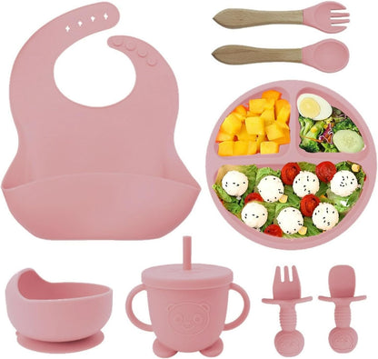 SKY-TOUCH 8 Pcs Silicone Baby Feeding Set, Baby Led Weaning Supplies with Suction Bowl Divided Plate, Self Feeding Spoons Forks Sippy Cup Adjustable Bib, for 6+ Months (Pink)