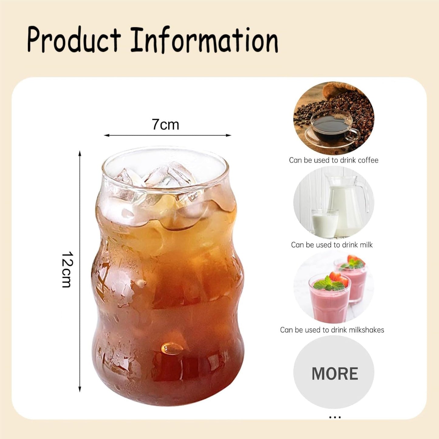 SKY-TOUCH 2 Pcs Ribbed Glass Cups 530ml, Aesthetic Ripple Drinking Glassware for Iced Coffee, Juice, Milk, Tea, Smoothies, Cold Beverages, Vintage Bubble Tumbler Set