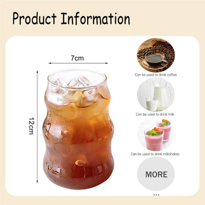 SKY-TOUCH 2 Pcs Ribbed Glass Cups 530ml, Aesthetic Ripple Drinking Glassware for Iced Coffee, Juice, Milk, Tea, Smoothies, Cold Beverages, Vintage Bubble Tumbler Set